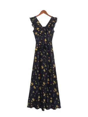 French Floral Strap Slimming Midi Summer Dress