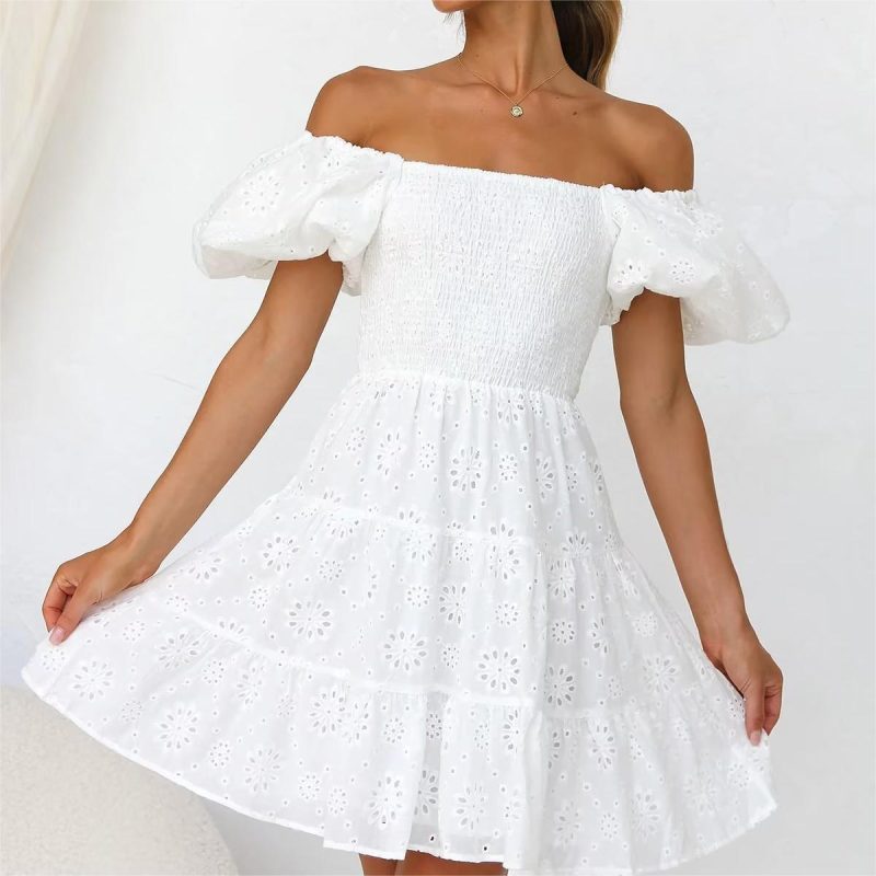 Spring Puff Sleeve Embroidered Cinched Short Dress
