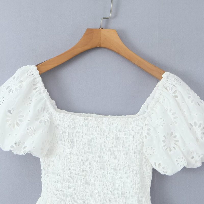 Spring Puff Sleeve Embroidered Cinched Short Dress - Image 3