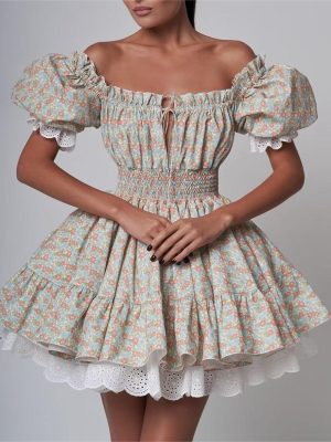 Winter Lace Print Puffy Street Style Dress