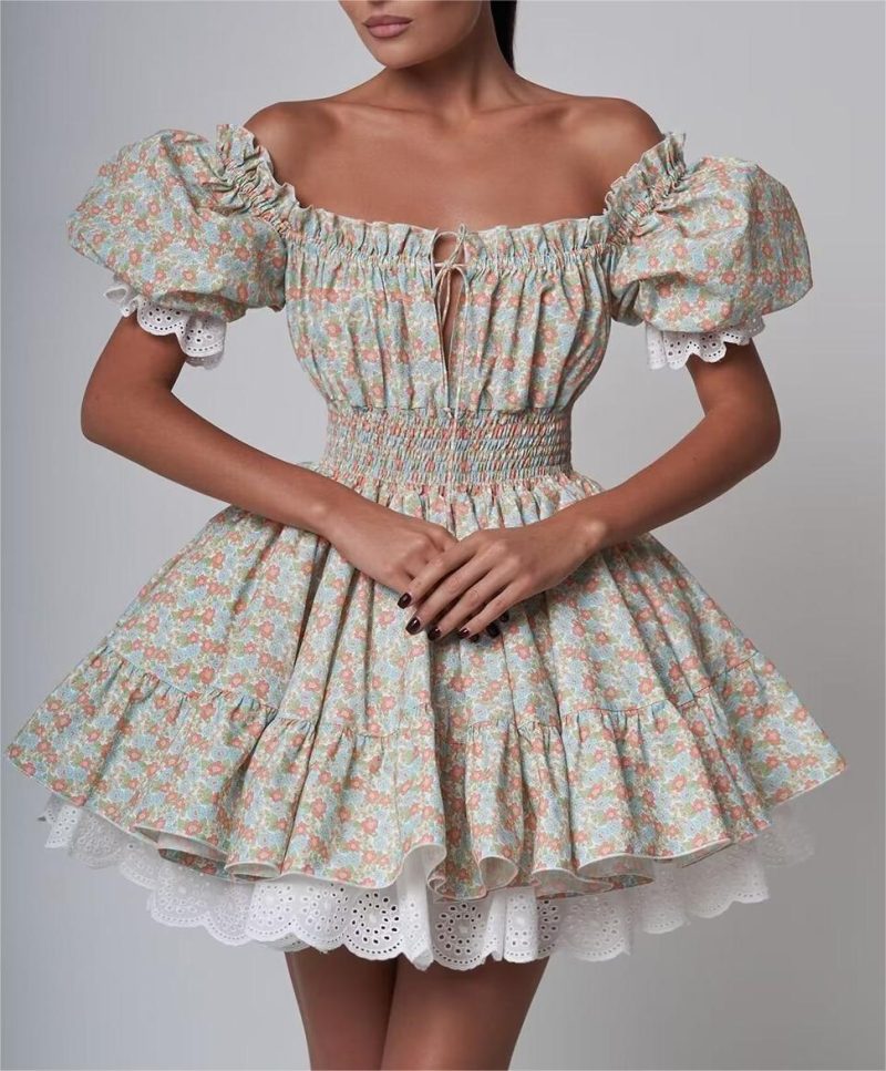 Winter Lace Print Puffy Street Style Dress