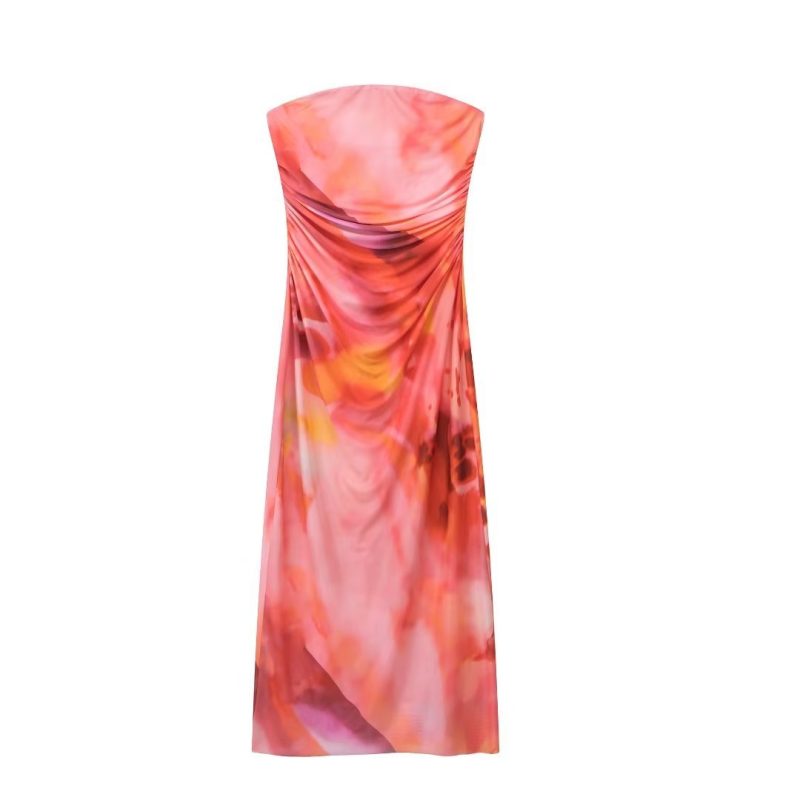 French Backless Silk Print Tube Top Dress