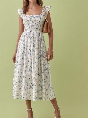 French Floral Pleated Waist Slimming Summer Dress