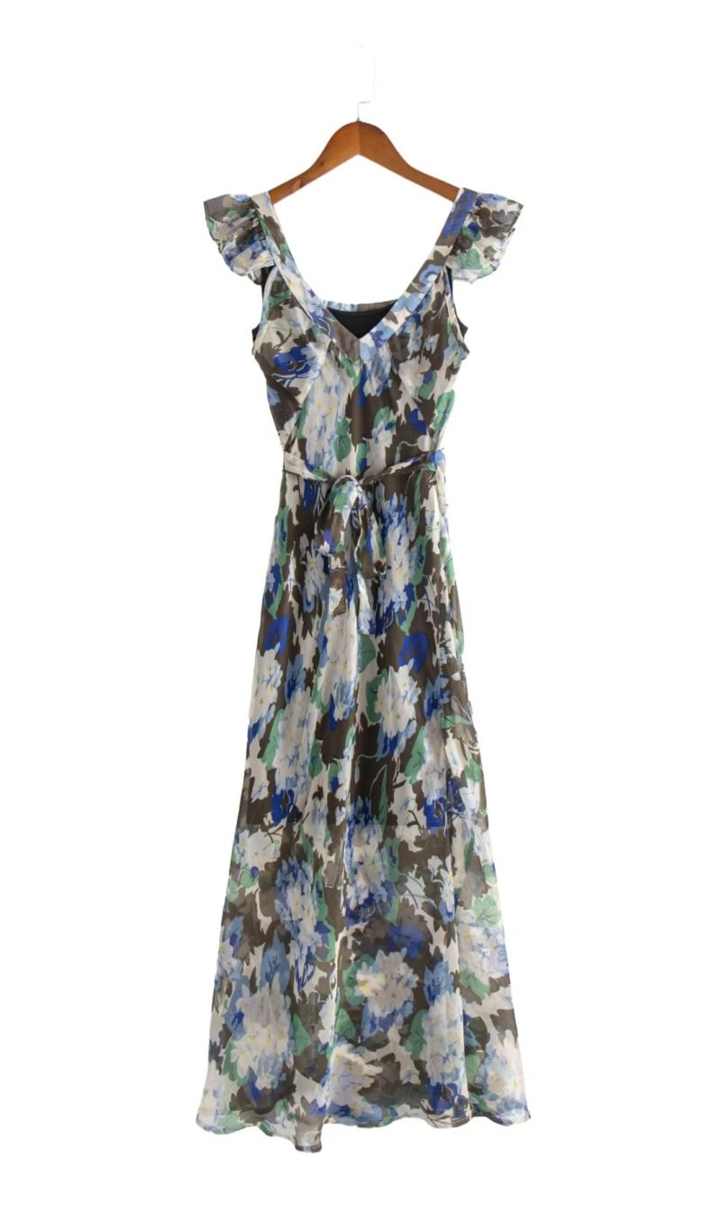 French Floral Cami Dress with Ruffle Sleeves - Image 2