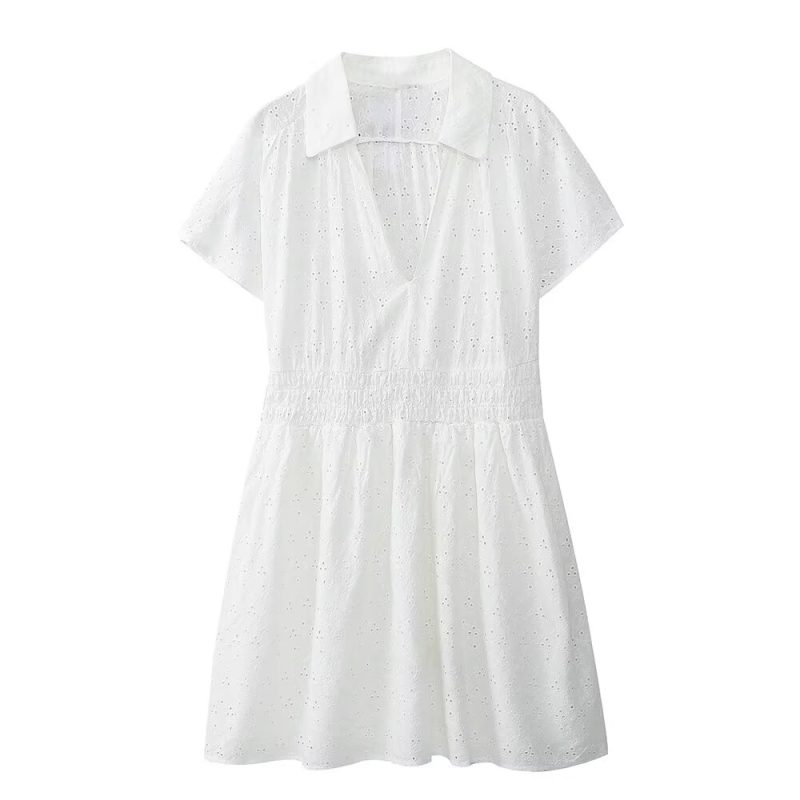 French Embroidered Collared Cutout Slim Dress - Image 2