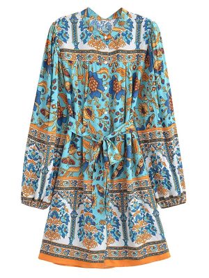 Graceful Winter Belted Printed Shirt Dress