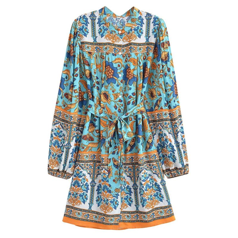 Graceful Winter Belted Printed Shirt Dress