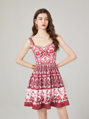 Printed Stitching High Waist Slim A-Line Dress