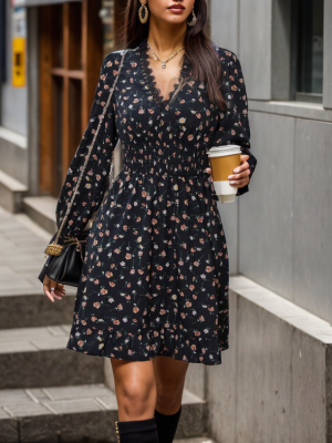 Vintage-Inspired Lantern Sleeve Lace Dress Women