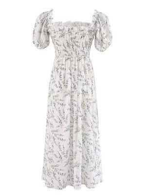 Printed Puff Sleeve Elastic Summer Maxi Dress