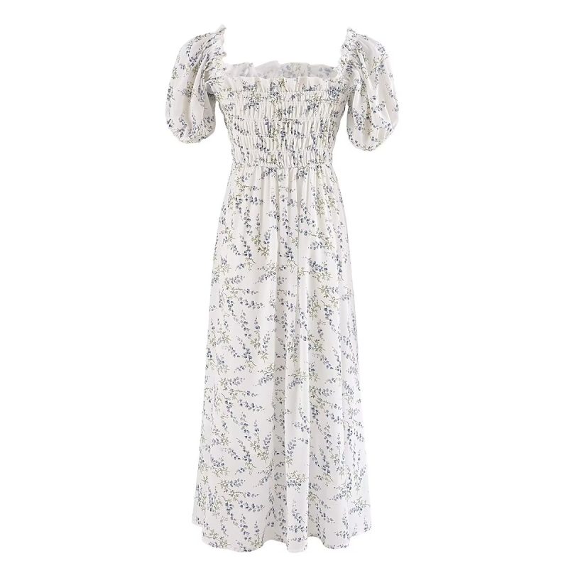 Printed Puff Sleeve Elastic Summer Maxi Dress