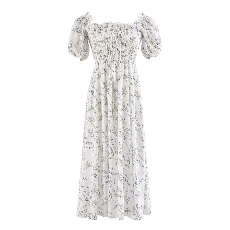 Printed Puff Sleeve Elastic Summer Maxi Dress - Image 2