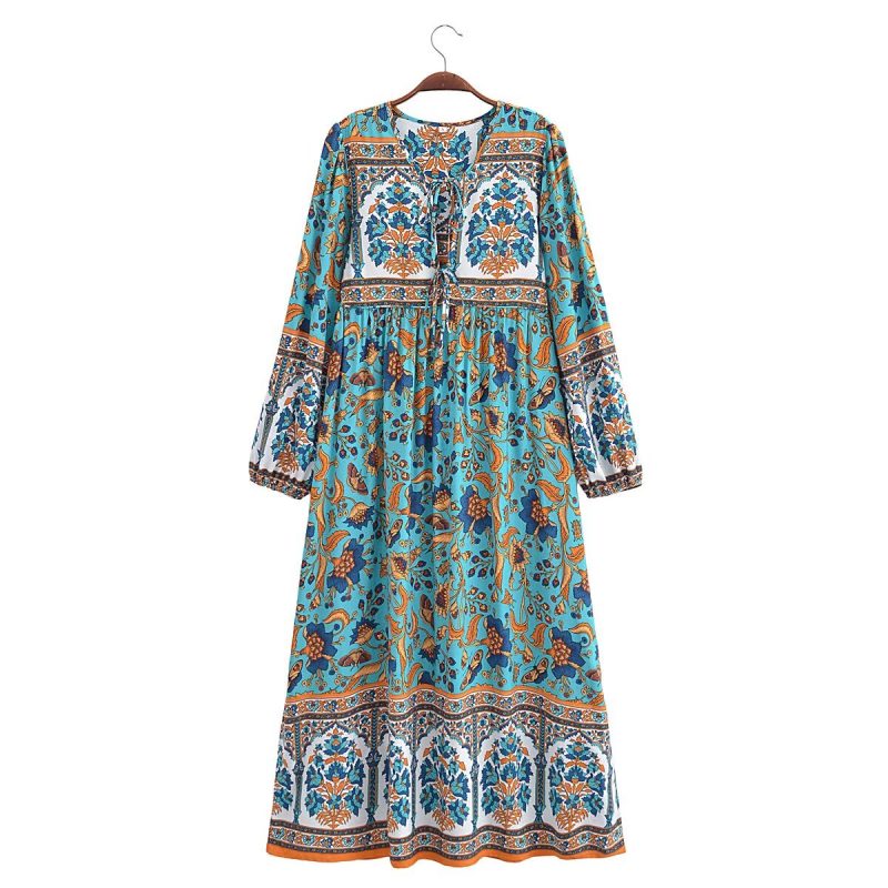 Printed V-Neck Tassel Lace-Up Maxi Dress - Image 3