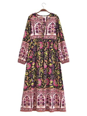 Printed V-Neck Tassel Lace-Up Maxi Dress