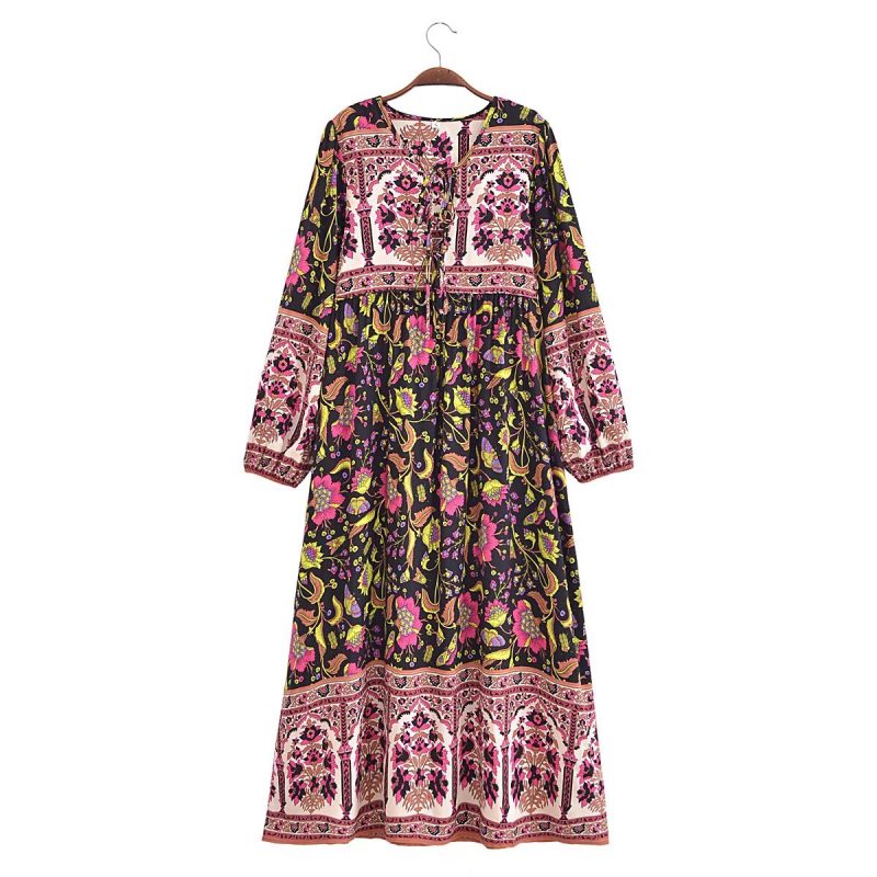 Printed V-Neck Tassel Lace-Up Maxi Dress
