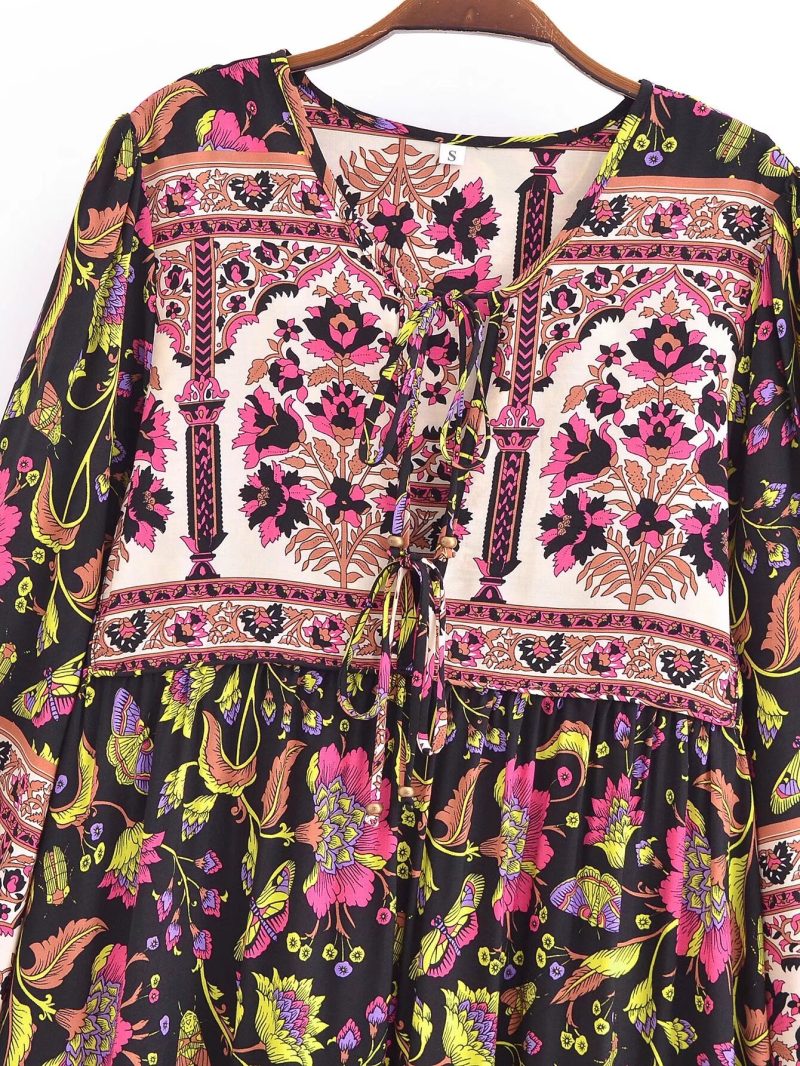 Printed V-Neck Tassel Lace-Up Maxi Dress - Image 2