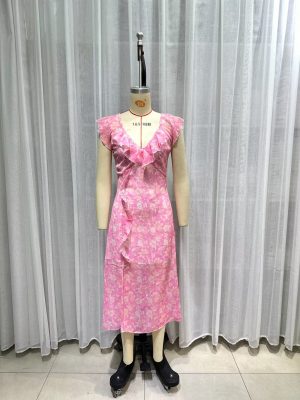 Printed V-Neck Mesh Stitching Midi Dress