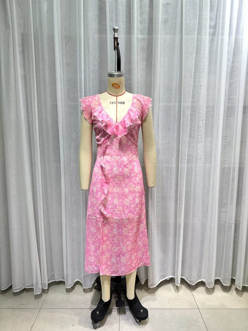 Printed V-Neck Mesh Stitching Midi Dress