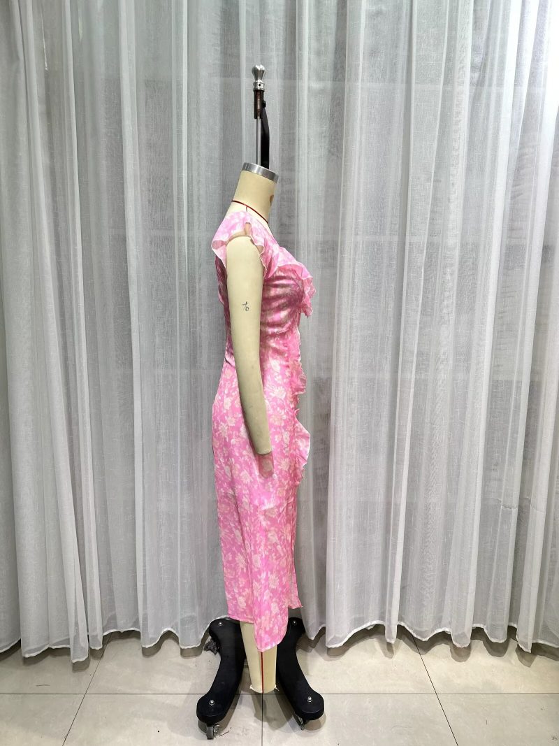 Printed V-Neck Mesh Stitching Midi Dress - Image 2