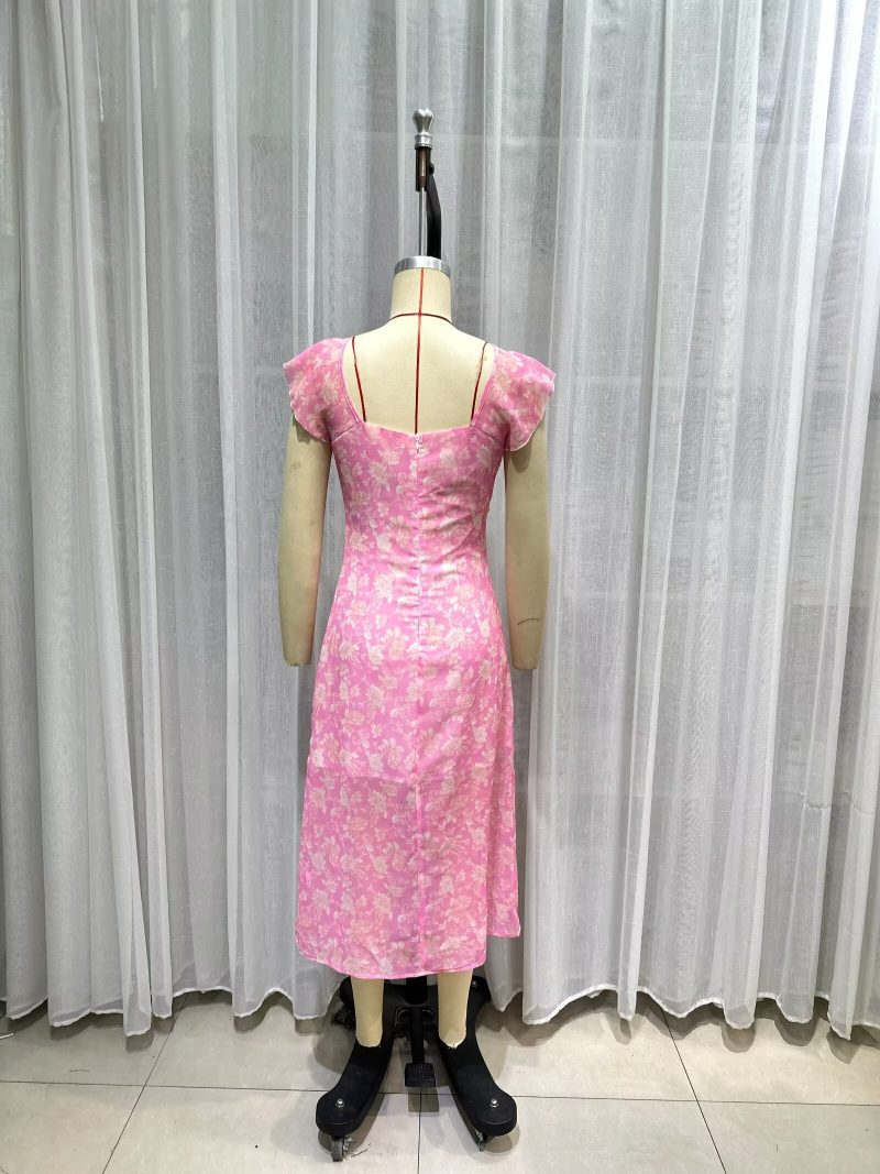 Printed V-Neck Mesh Stitching Midi Dress - Image 3