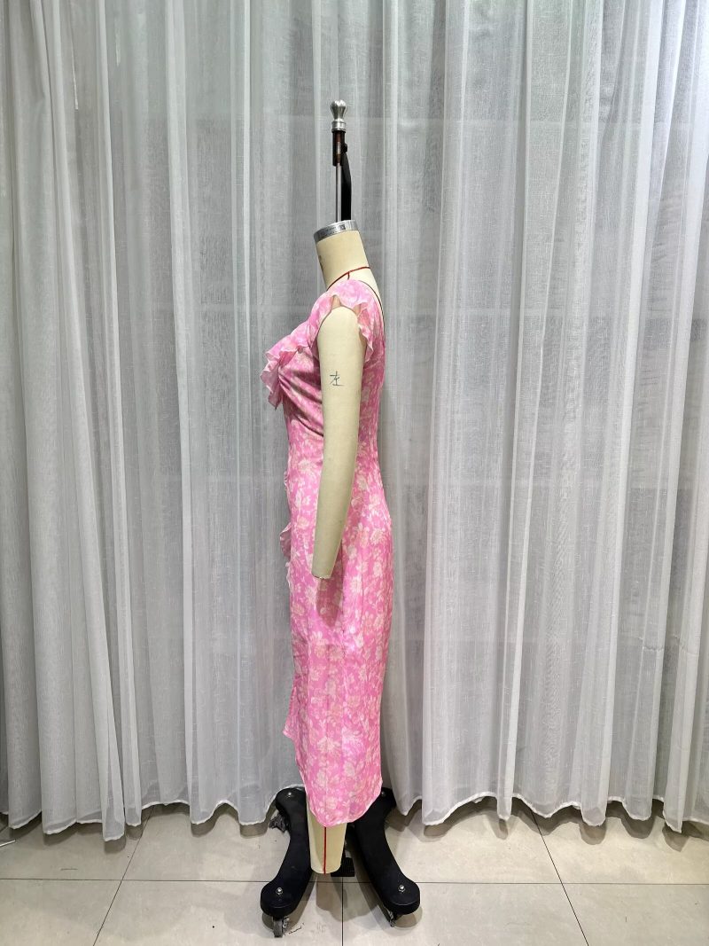 Printed V-Neck Mesh Stitching Midi Dress - Image 4