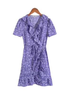 Floral V-Neck Ruffled Slim Fit Dress