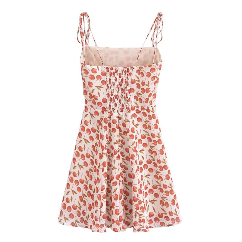 French Cherry Print Slim Chiffon Strap Dress - Image 3