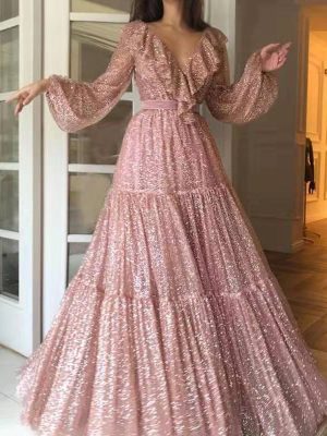 Flowy V-Neck Long Sleeve Evening Maxi Dress