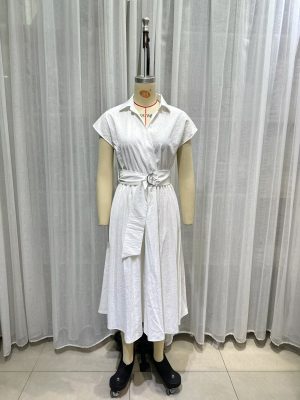 Elegant Belted White Dress with Collar Women