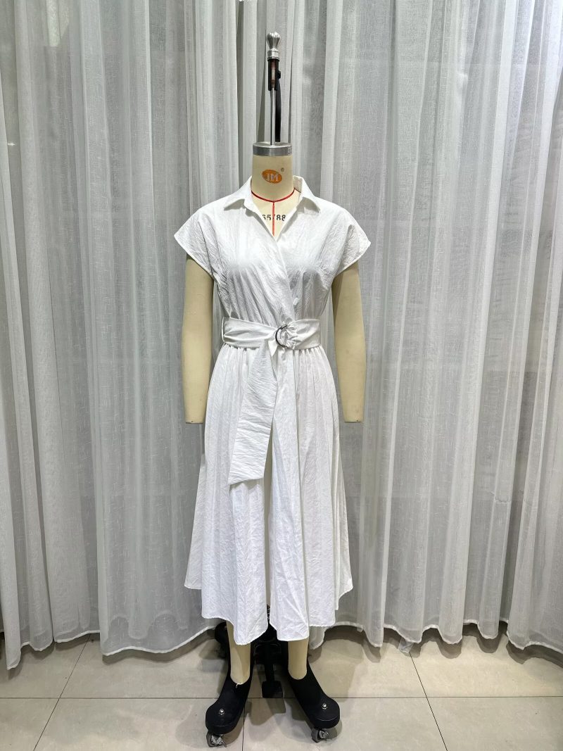 Elegant Belted White Dress with Collar Women