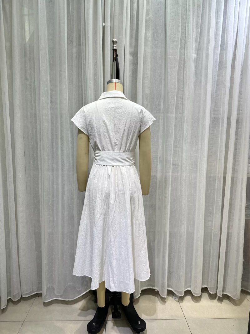 Elegant Belted White Dress with Collar Women - Image 3