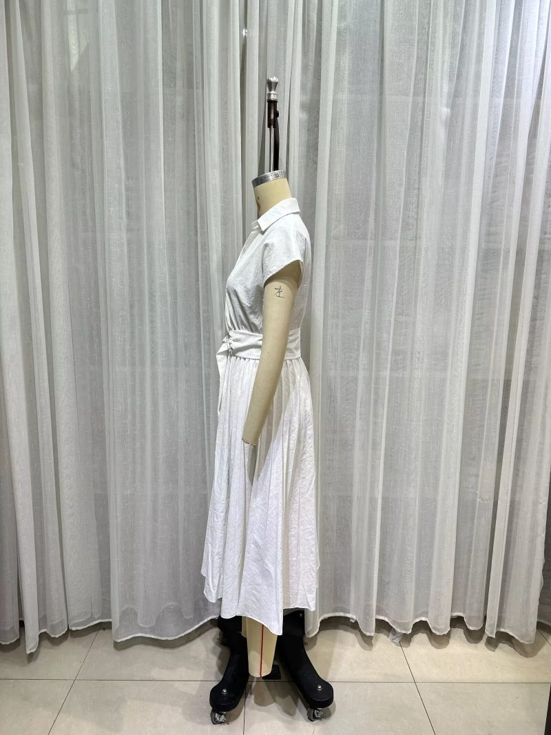 Elegant Belted White Dress with Collar Women - Image 4