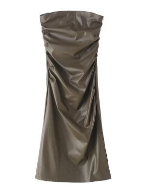 French Pleated Faux Leather Bandeau Slim Dress