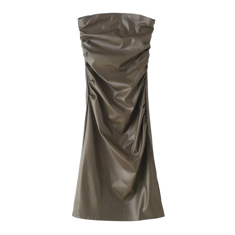 French Pleated Faux Leather Bandeau Slim Dress