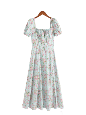 Floral Boned Corset Slit Dress with Puff Sleeves
