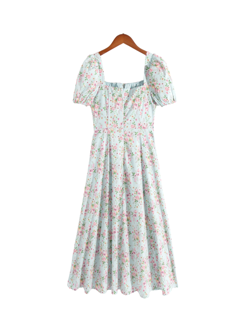 Floral Boned Corset Slit Dress with Puff Sleeves - Image 2