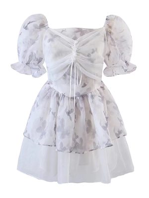 Ink Print Puff Sleeve Lace-Up Dress