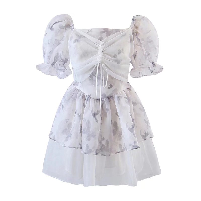 Ink Print Puff Sleeve Lace-Up Dress