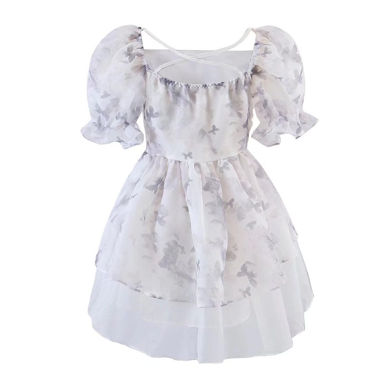 Ink Print Puff Sleeve Lace-Up Dress - Image 2