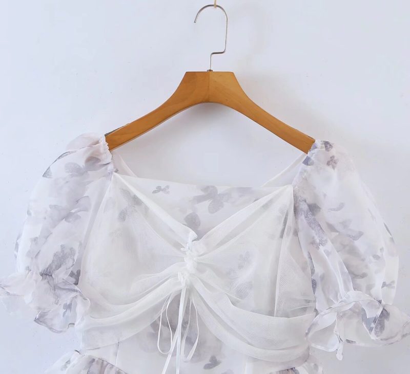 Ink Print Puff Sleeve Lace-Up Dress - Image 3