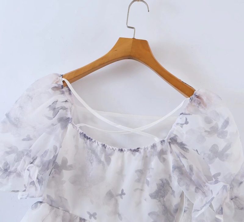 Ink Print Puff Sleeve Lace-Up Dress - Image 4