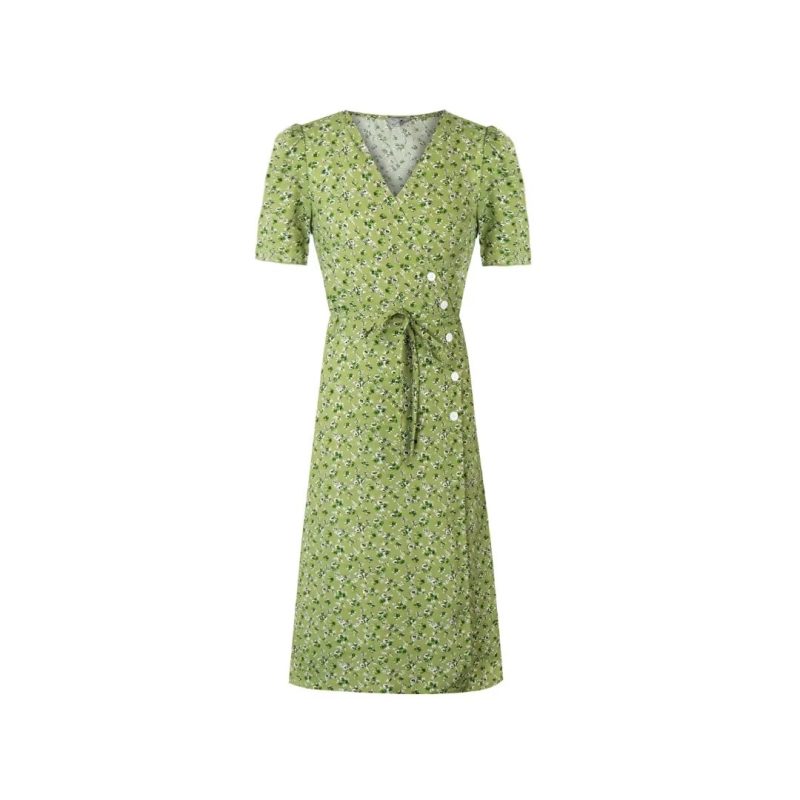 French V-Neck Floral Wrap Tea Dress
