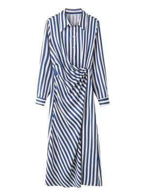 Long Striped Slim Shirt Dress for Spring
