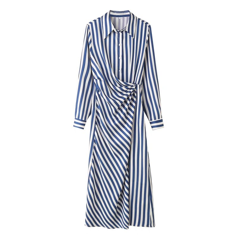 Long Striped Slim Shirt Dress for Spring