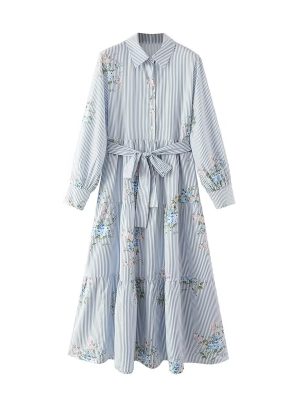 Women's Long Sleeve Floral Stripe Shirt Dress