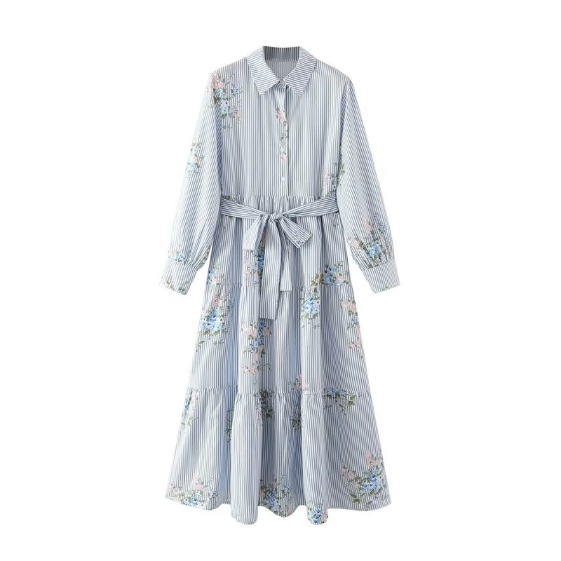 Women's Long Sleeve Floral Stripe Shirt Dress