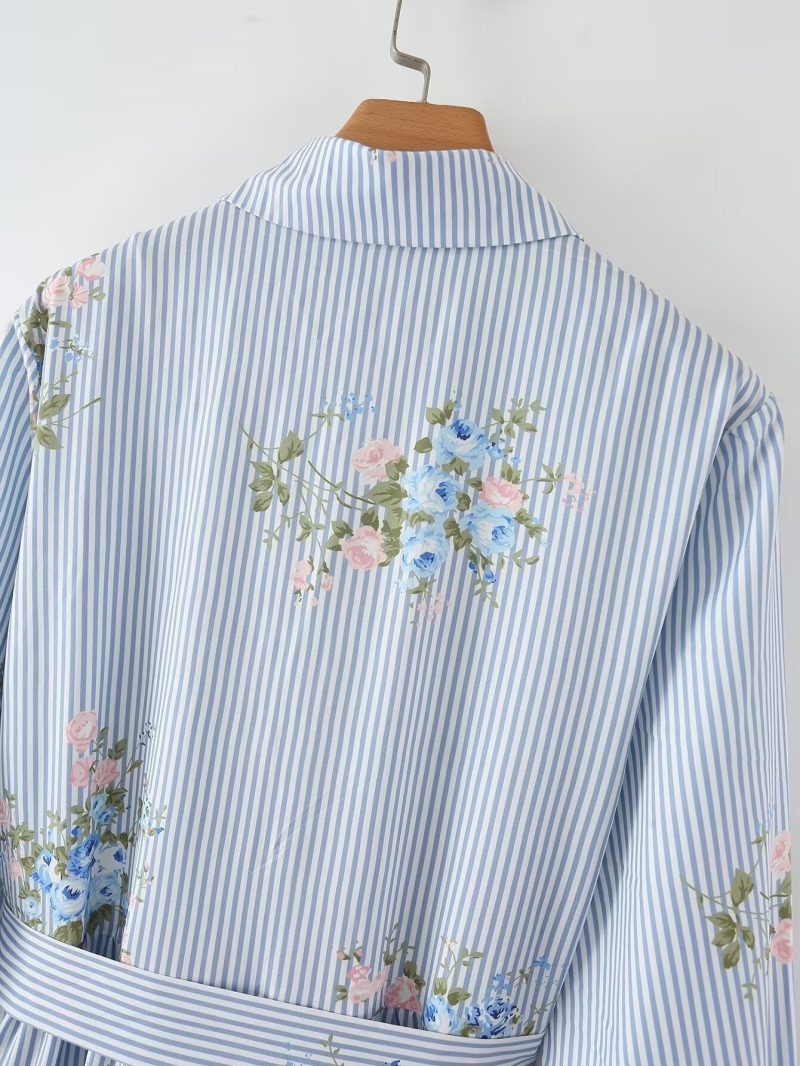 Women's Long Sleeve Floral Stripe Shirt Dress - Image 4