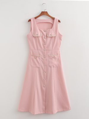 French Classic Square Neck Button Midi Dress