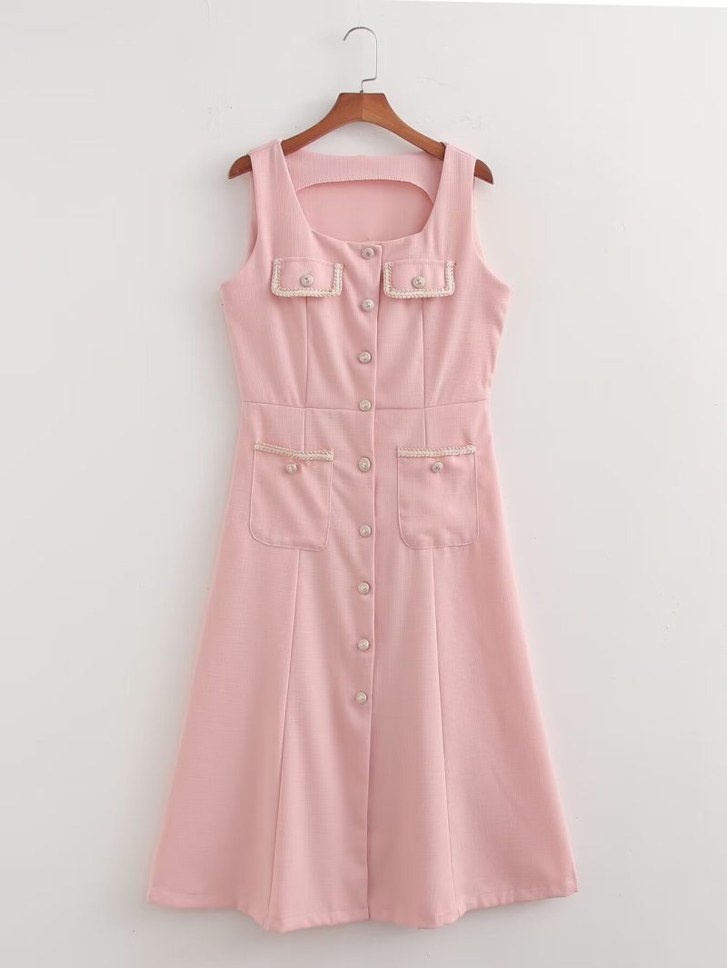 French Classic Square Neck Button Midi Dress