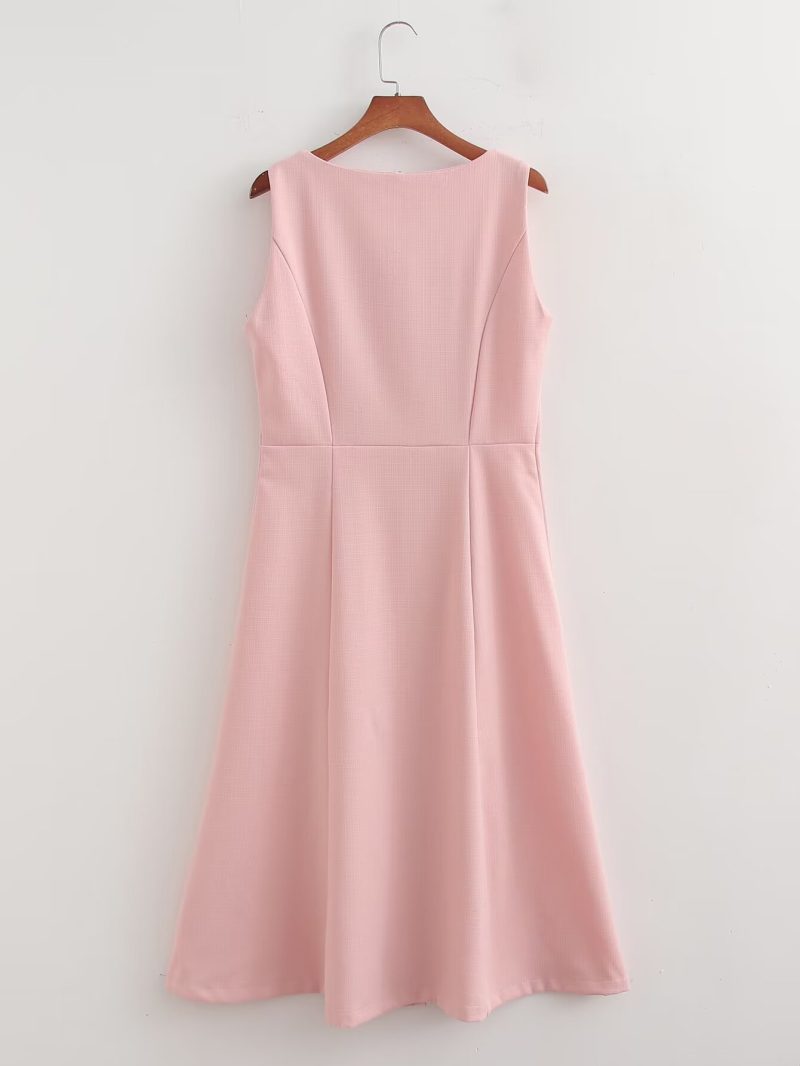 French Classic Square Neck Button Midi Dress - Image 2